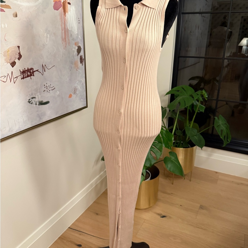 ASOS Elegant Sleeveless Ribbed Knit body con dress in Beige